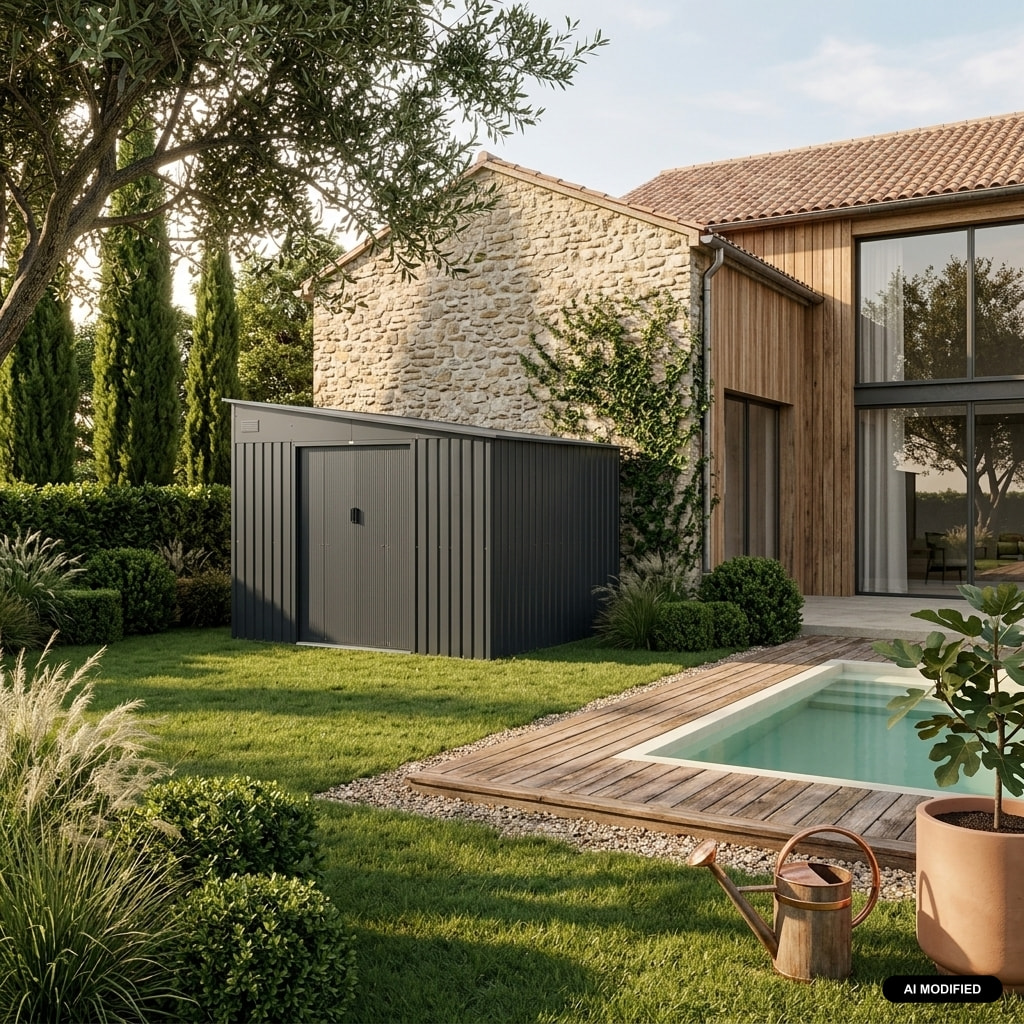 Abri de jardin adossable métal 8,96m² avec kit d'ancrage ORNAY