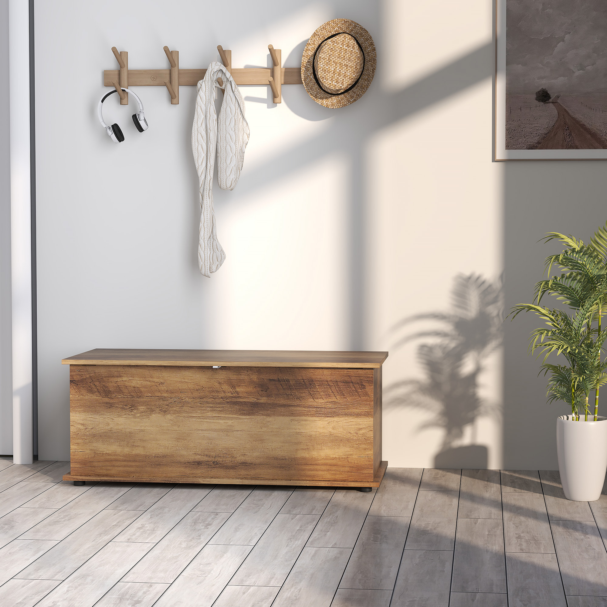 Coffre malle de rangement coffre à jouets dim. 100L x 40l x 40H cm panneaux particules bois noyer