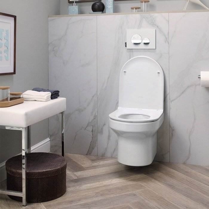 Pack WC suspendu sans bride + abattant + Bâti support + Even Plaque de commande WC carré blanc