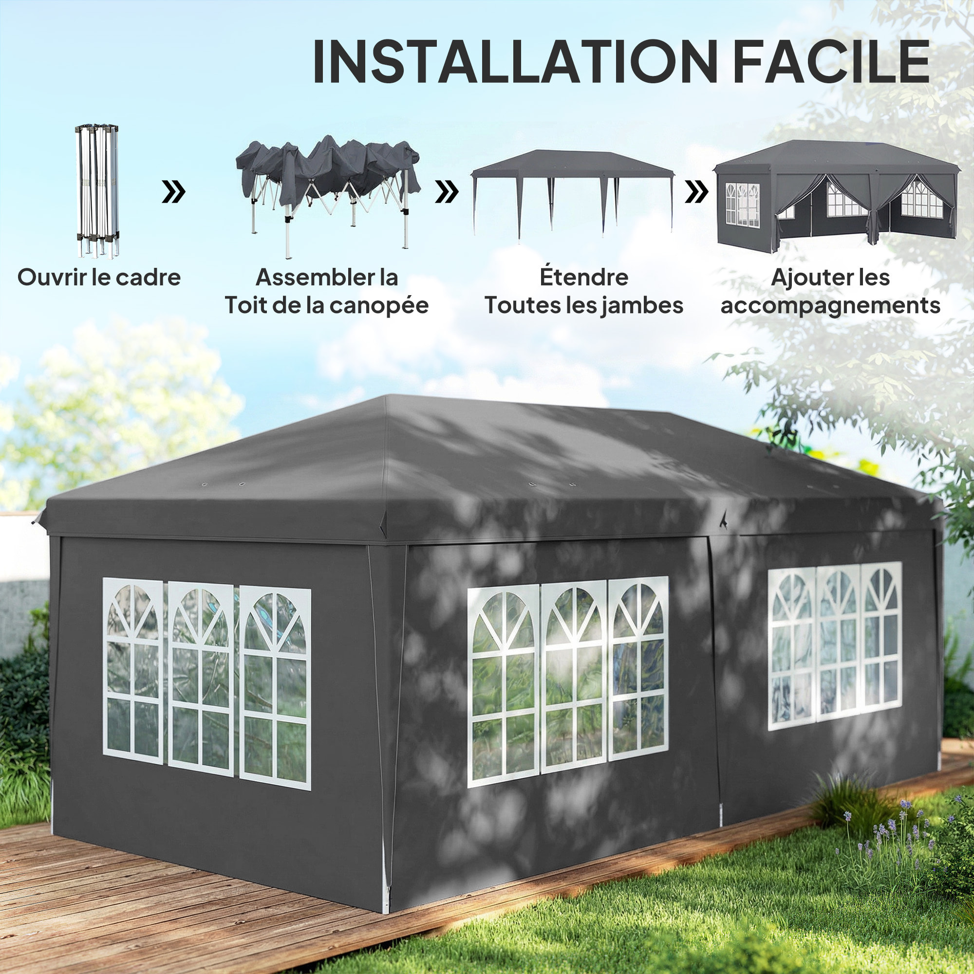 Tonnelle barnum pliant pop-up imperméabilisé 5,85L x 2,95l x 2,7H m 6 parois latérales amovibles 4 fenêtres + sac de transport anthracite