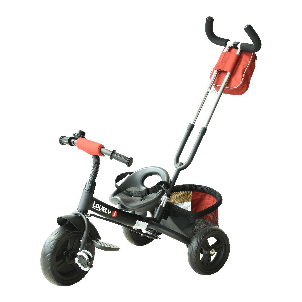 Tricycle enfants évolutif canne  et pare-soleil pliable amovible sacoche et panier 96 x 54l x 101 cm acier rouge brique noir