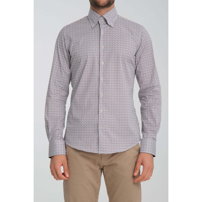 Camicia Uomo 2 Bottoni Button Down Slim Popeline Stretch Stampato Bordeaux/Blu