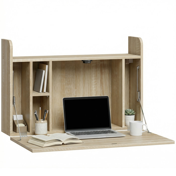 Bureau mural pliable - table murale rabattable - 5 niches, étagère - effet bois clair