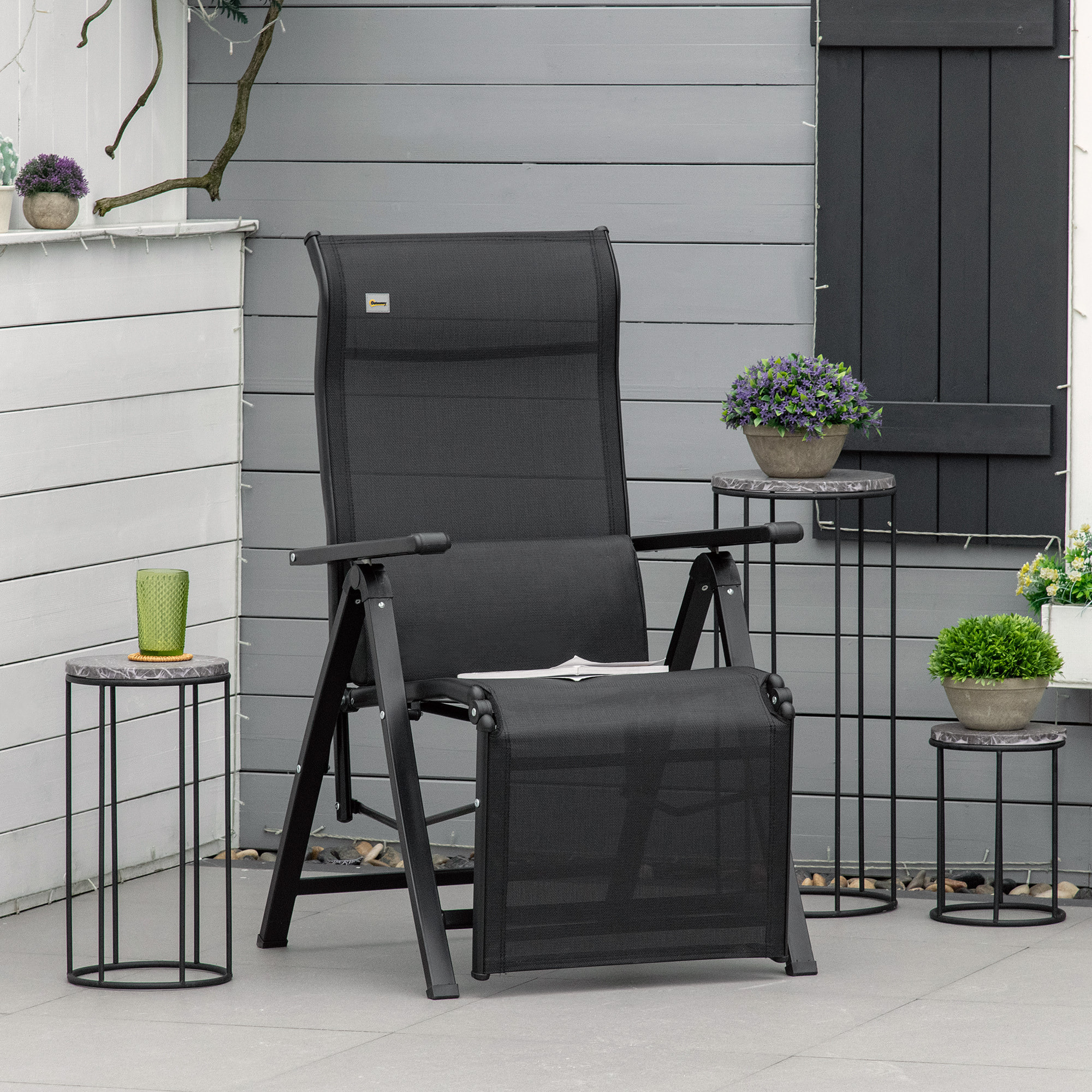 Tumbona Plegable de Jardín, Tumbona Gravedad Cero con Respaldo Ajustable en 9 Posiciones, con Cojín, para Terraza, Piscina, Playa, Carga 150 kg, 70x65x111 cm, Negro