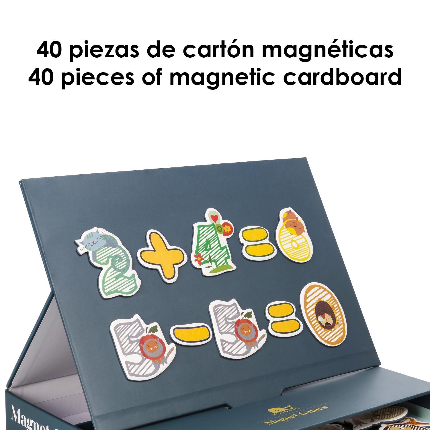 Gioco magnetico matematico. 40 pezzi di cartone magnetico con numeri e animali.