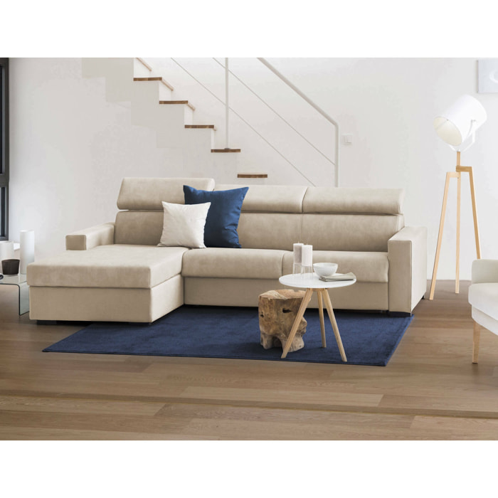 Divano Letto Aleandra, Divano ad angolo, 100% Made in Italy, Sofà con apertura girevole, con Penisola contenitore Sinistra, con Braccioli slim, Cm 260x95h85, Beige