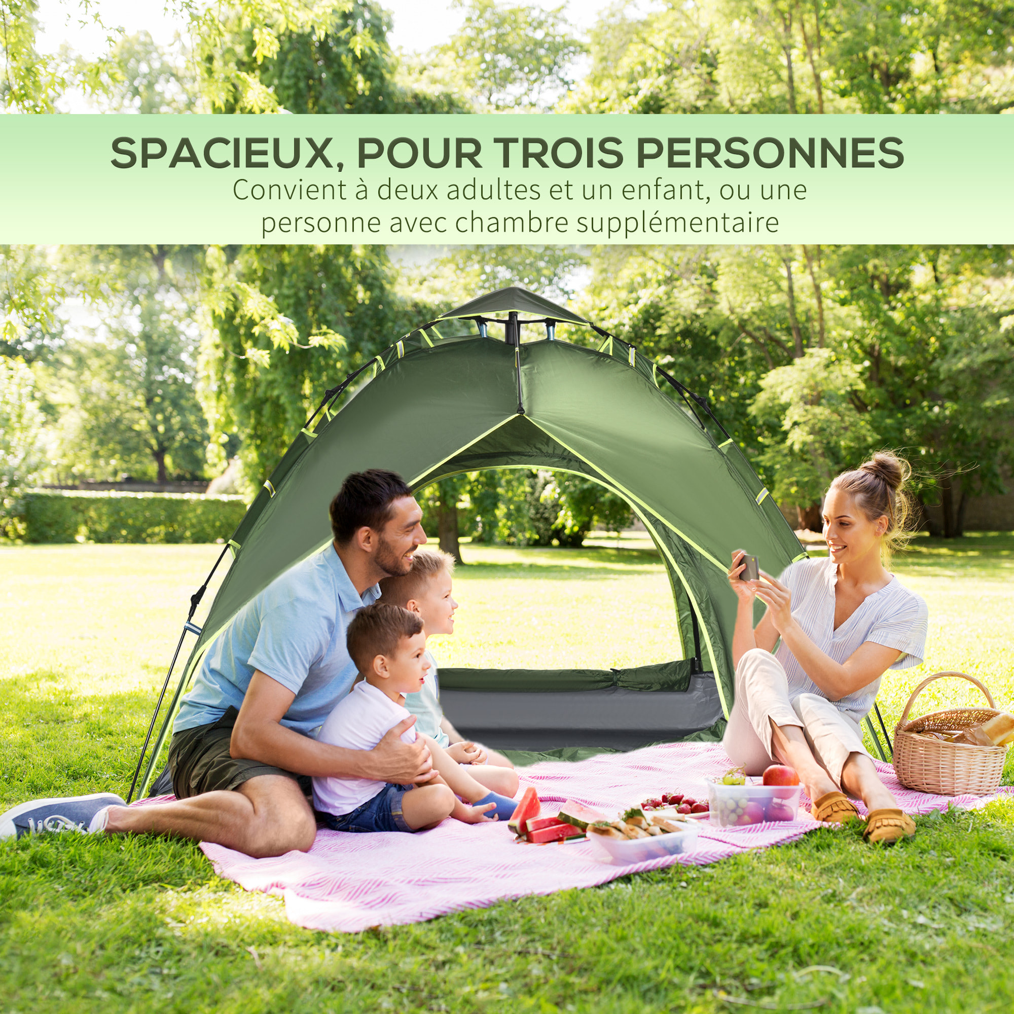 Tente de camping pop up 2-3 personnes 2 portes vert kaki montage démontage facile sac de transport inclus fibre verre polyester