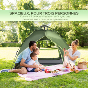 Tente de camping pop up 2-3 personnes 2 portes vert kaki montage démontage facile sac de transport inclus fibre verre polyester