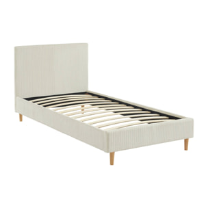 Lit avec sommier à lattes et tête de lit. L 202 x P 96 x H 88cm. blanc. finition velours côtelé (grosse côte)