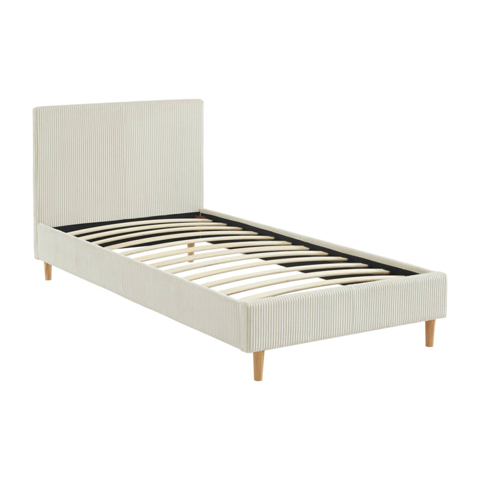 Lit avec sommier à lattes et tête de lit. L 202 x P 96 x H 88cm. blanc. finition velours côtelé (grosse côte)