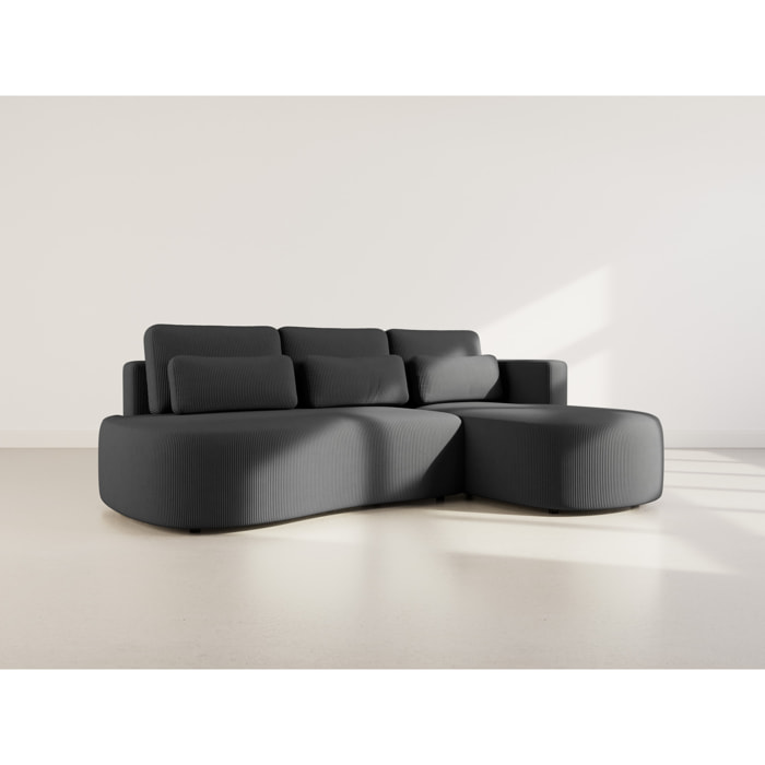 Mahina - canapé d'angle droit 4 places convertible avec coffre en velours côtelé - Noir