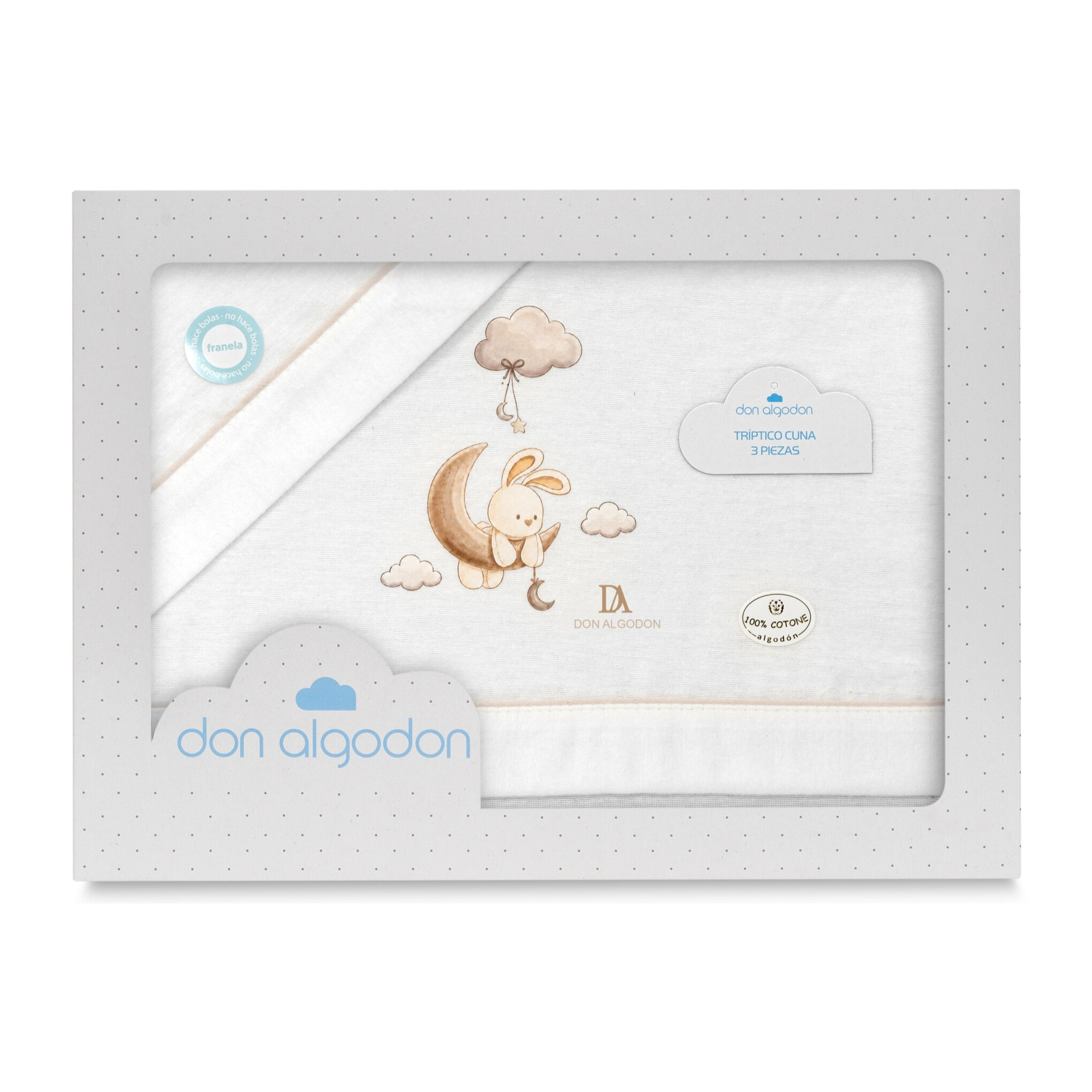 Triptico Cuna Franela Don Algodon Conejo Nubes Bco/Beig