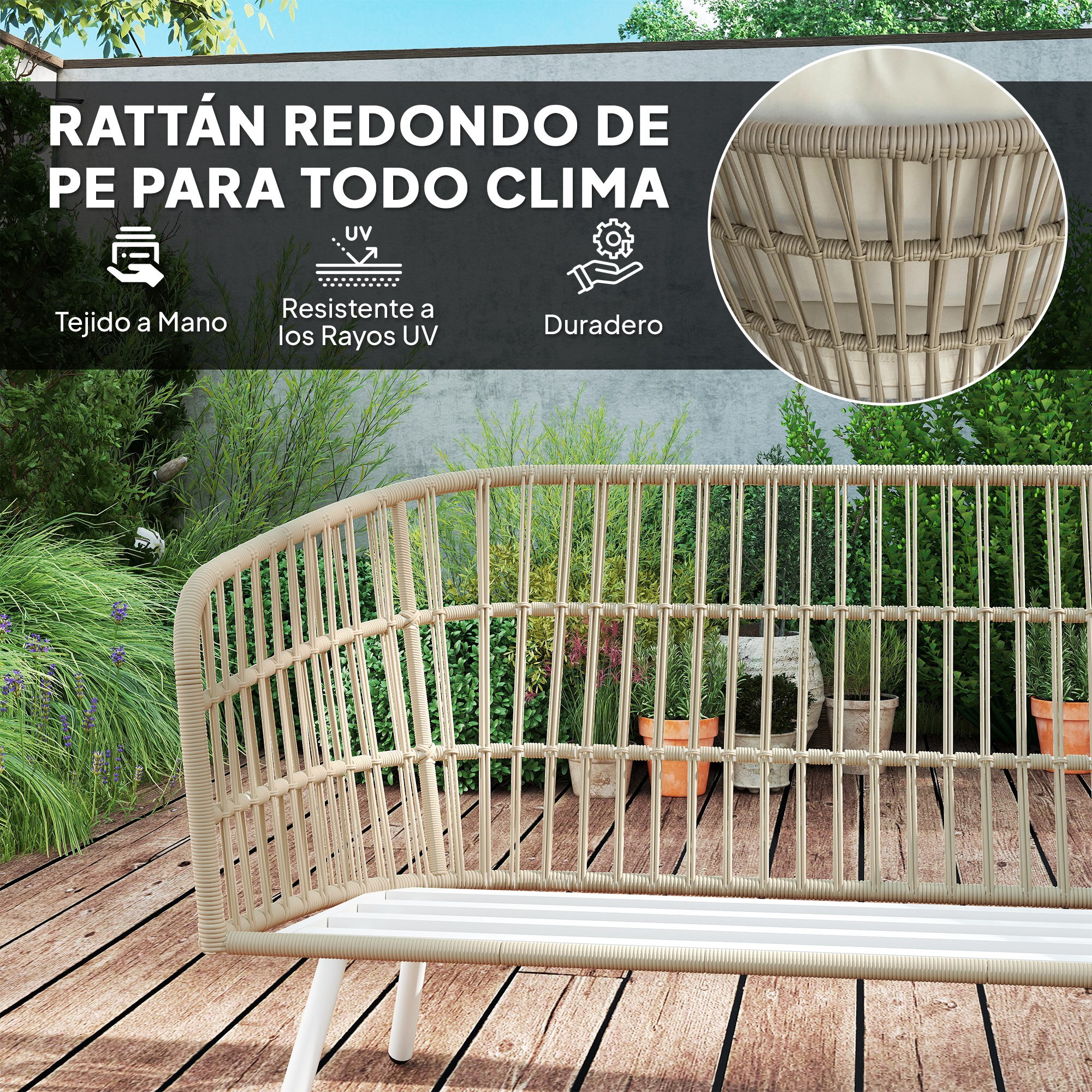 Conjunto de Jardín Exterior de Ratán Sintético de 4 Piezas Muebles de Jardín Exterior con Sofá de 2 Plazas 2 Sillones 1 Mesa de Centro de Metal con Cojines Crema y Natural