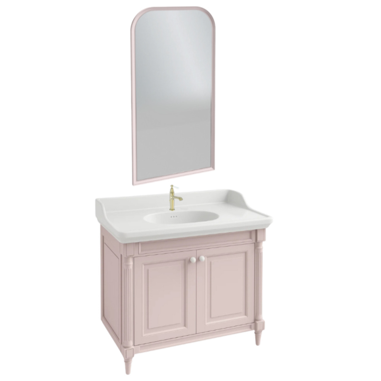 Pack meuble vasque Cléo 1889 rose velours + miroir + mitigeur or