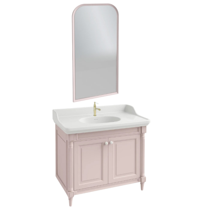 Pack meuble vasque Cléo 1889 rose velours + miroir + mitigeur or