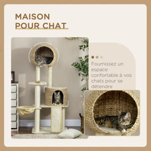 Arbre à chat style cosy chic griffoirs grattoir sisal 2 grandes niches plateforme hamac peluche courte beige jacinthe d'eau