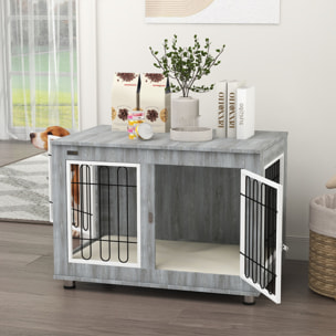 Cage pour chien sur pied - 2 portes verrouillables, coussin déhoussable inclus - acier filaire noir panneaux aspect bois gris