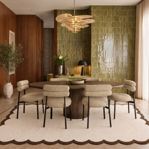 Ensemble table extensible effet noyer et 6 chaises tissu tweed beige