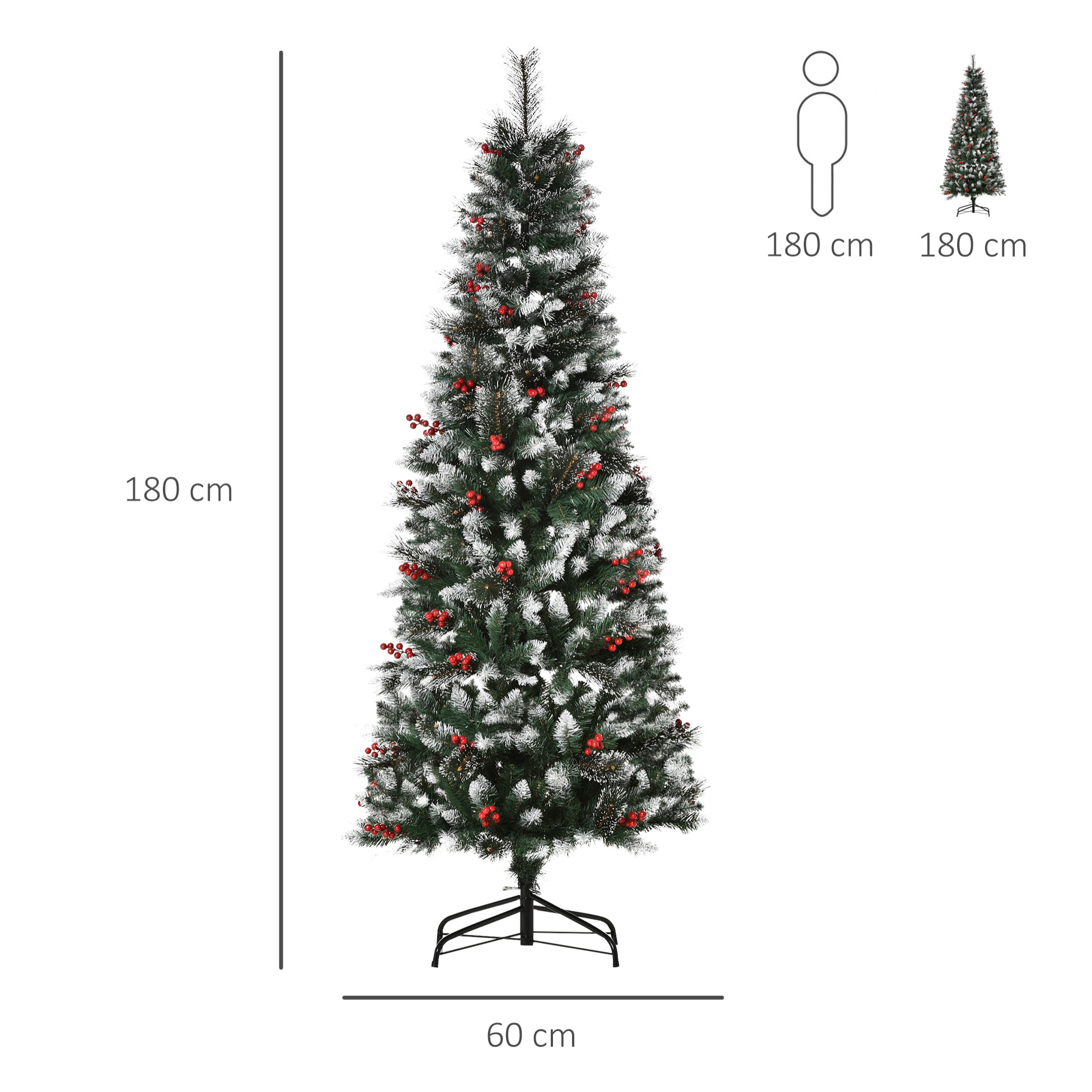 HOMCOM árbol de Navidad Artificial con Nieve 180 cm Ignífugo con 539 Ramas 51 Bayas Hojas de PVC Base Plegable y Soporte Metálico Decoración Navideña para Interiores Verde