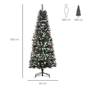 HOMCOM árbol de Navidad Artificial con Nieve 180 cm Ignífugo con 539 Ramas 51 Bayas Hojas de PVC Base Plegable y Soporte Metálico Decoración Navideña para Interiores Verde