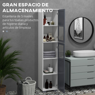 Armario Alto de Baño Mueble Columna de Baño con 2 Puertas de Vidrio Templado y Estantes Ajustables 37x35x190 cm Blanco y Gris