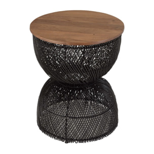 SIXTINE - Table d'appoint en rotin noir plateau en bois de teck recyclé
