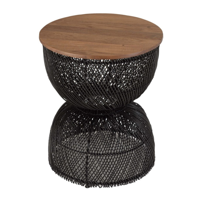 SIXTINE - Table d'appoint en rotin noir plateau en bois de teck recyclé