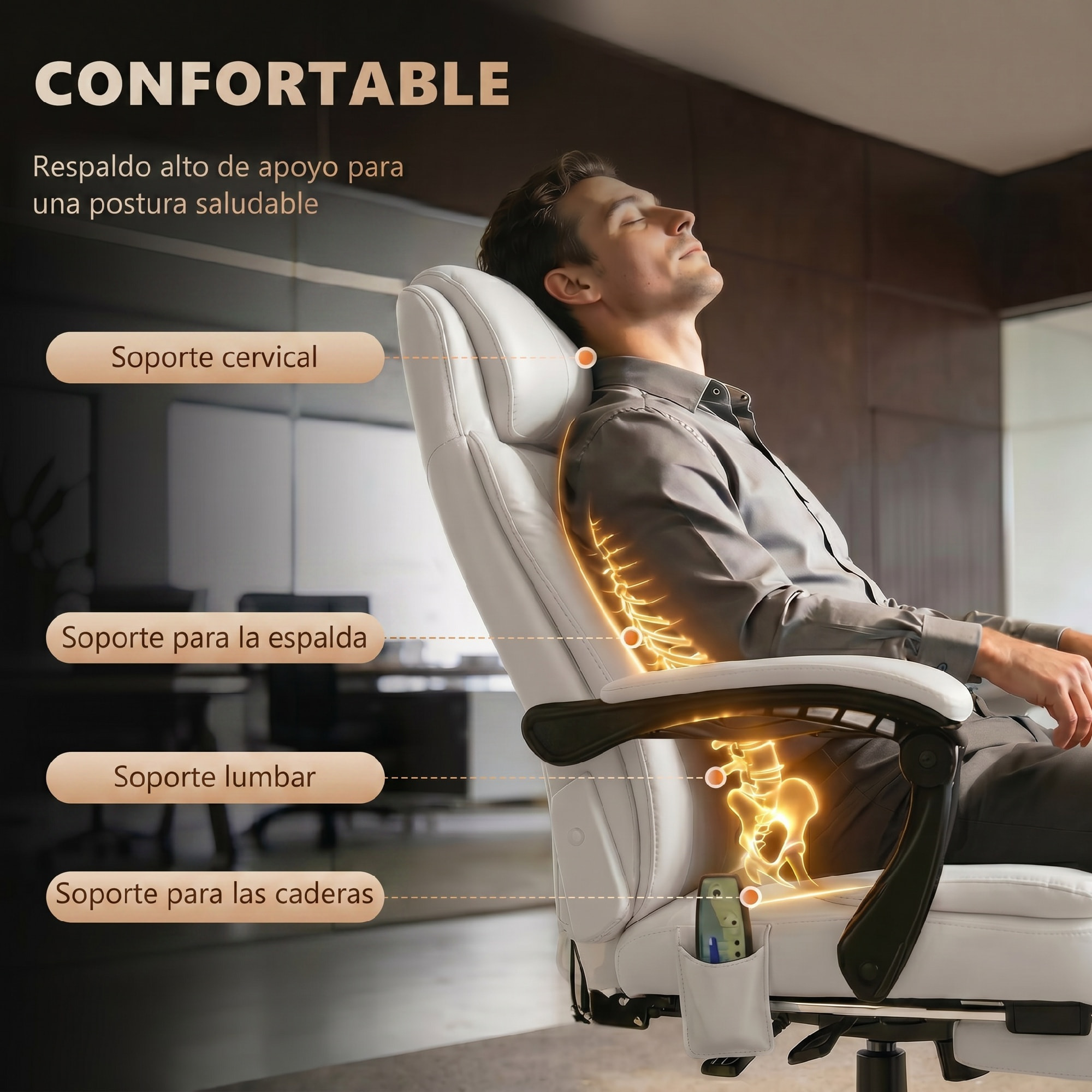 Silla de Oficina con Masaje Vibratorio de 7 Puntos, Silla de Escritorio Giratoria Reclinable con Reposapiés Retráctil, Altura Ajustable, Respaldo Alto, Control Remoto y Tejido de PU, Blanco