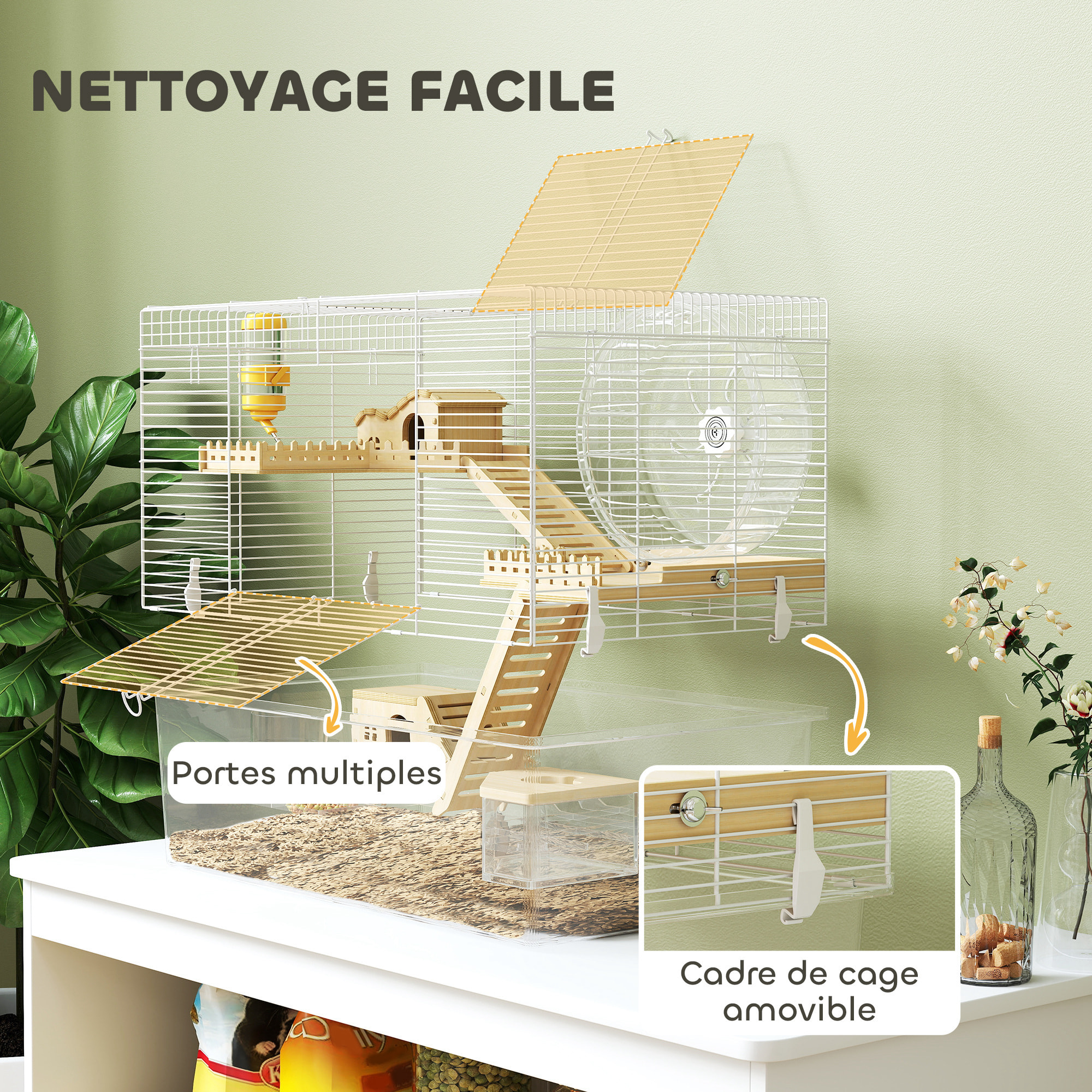 Cage à hamster à 3 niveaux avec roue d'exercice, plateau, 59 x 35,5 x 47 cm, blanc