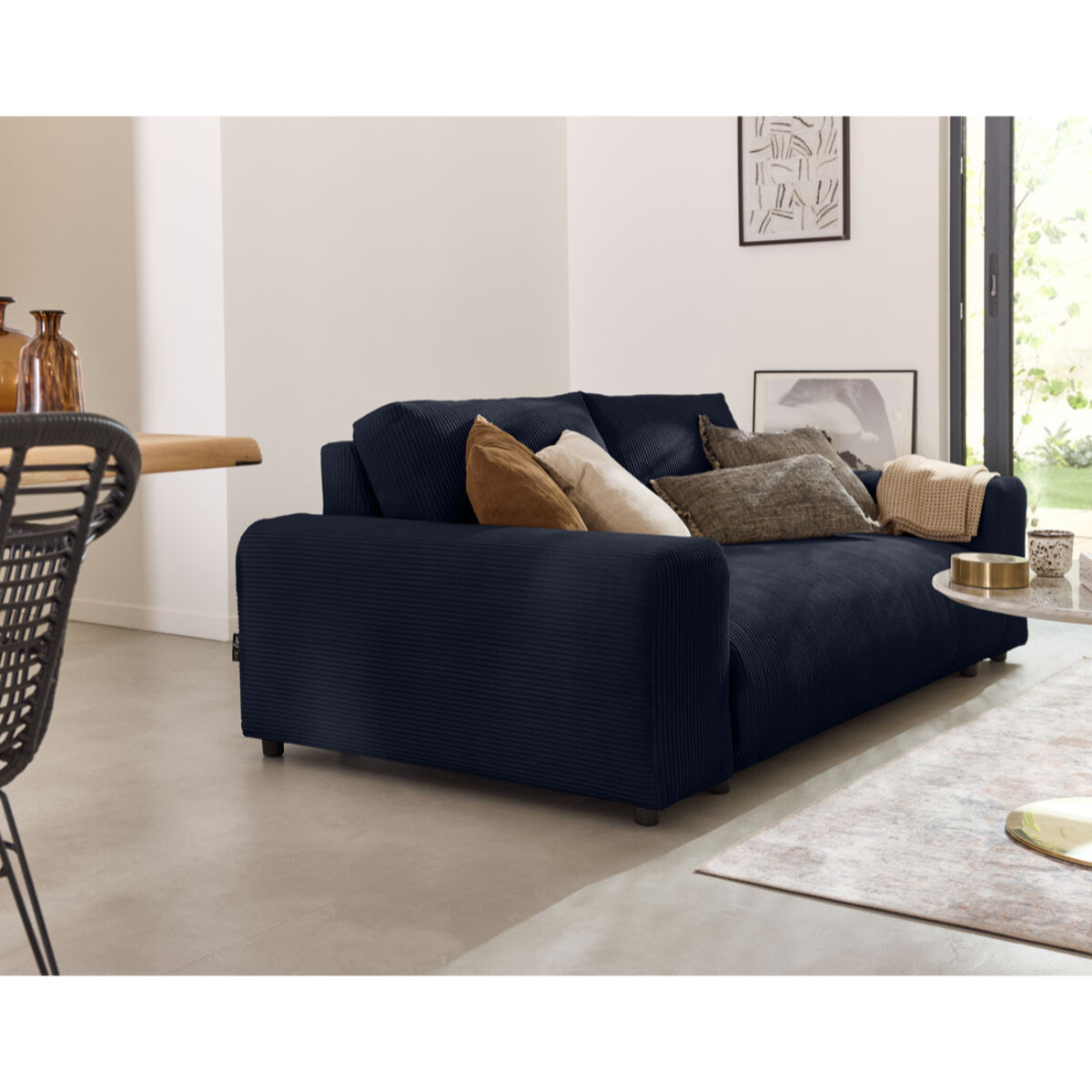 Garance - canapé droit 3 places - en velours côtelé - Bleu nuit