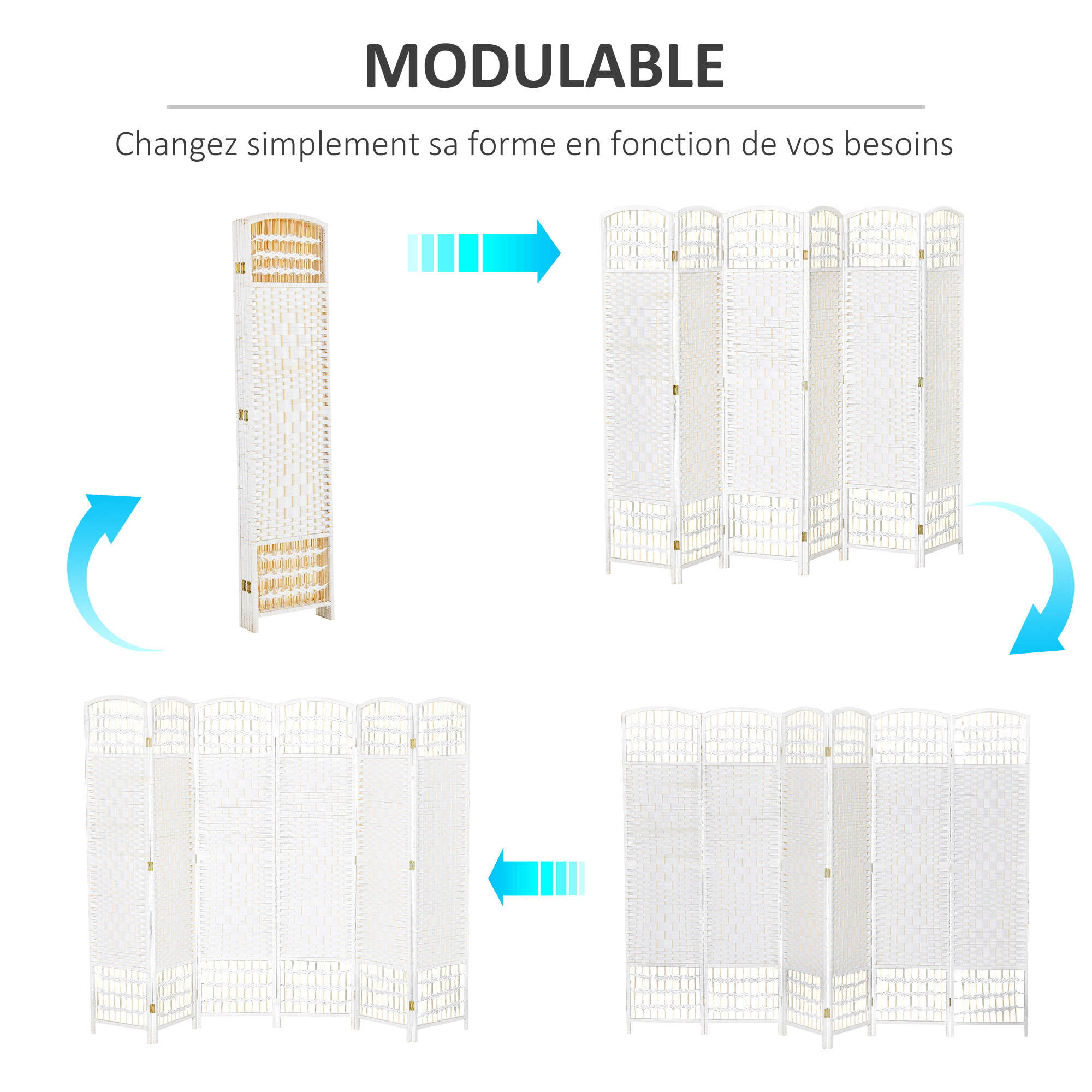 Paravent intérieur 6 panneaux pliables séparateur de pièce bois de peuplier bambou fibres de papier tressée blanc paille