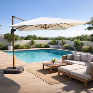 Parasol rectangulaire 3x4m déporté rotatif écru pied effet bois en aluminium NAVIA