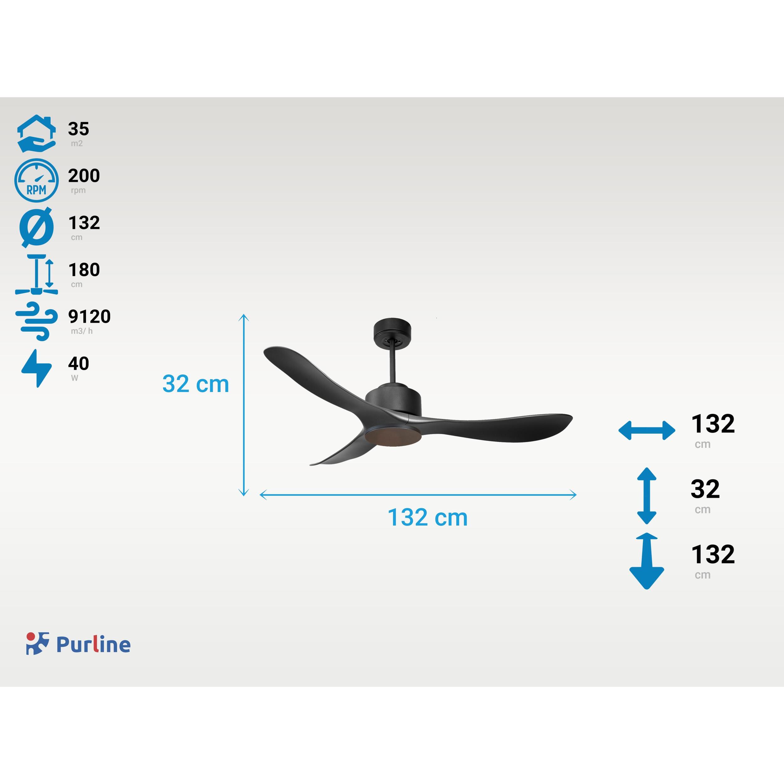 Ventilateur de plafond ø132 cm avec Wifi Réversible Hypersilence 40   W Noir