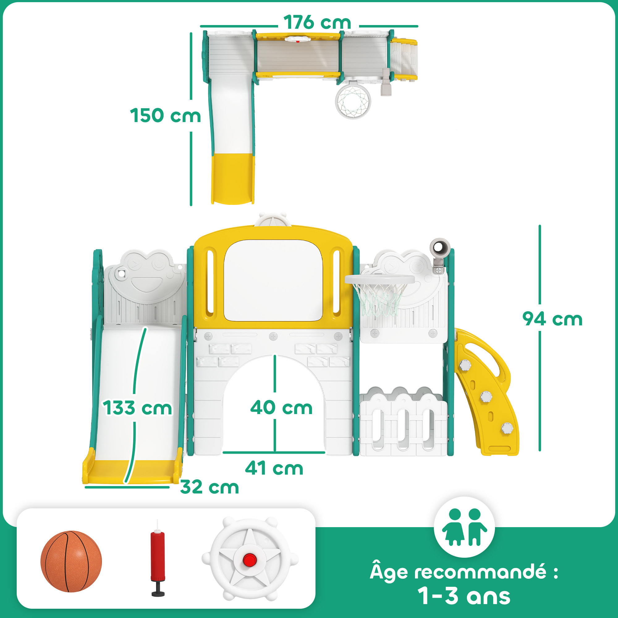 Portique aire de jeu enfant 7 en 1 HDPE blanc jaune vert