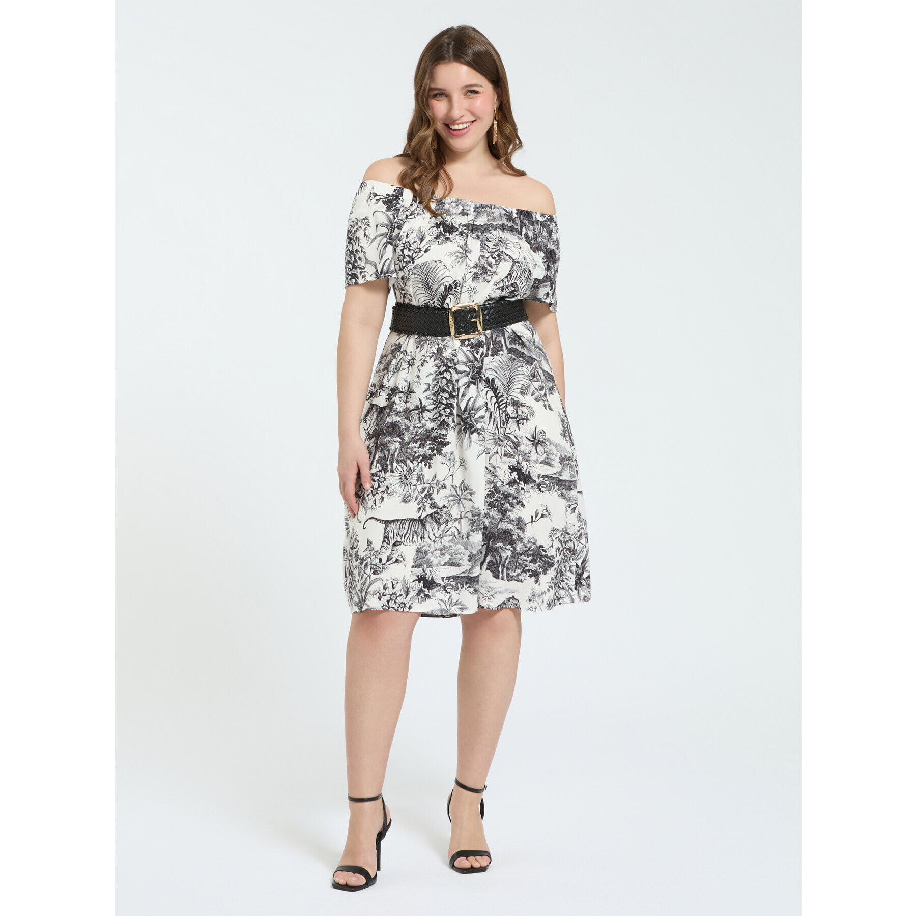 Fiorella Rubino - Vestido off-shoulder con estampado exótico - Negro