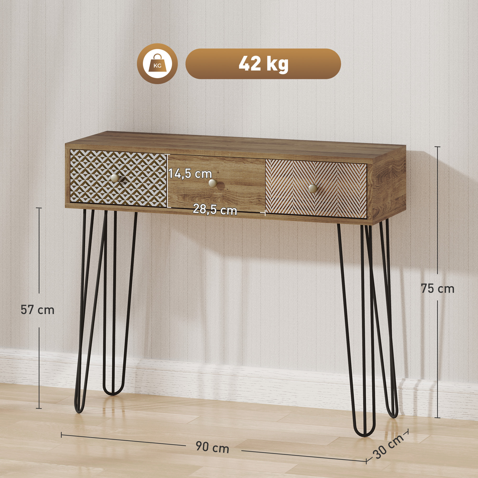 Mesa de Consola, Mesa de Sofá con 3 Cajones, Consola para Recibidor Estrecha con Patas de Acero Tipo Horquilla, para Salón, Pasillo, Entrada, Natural