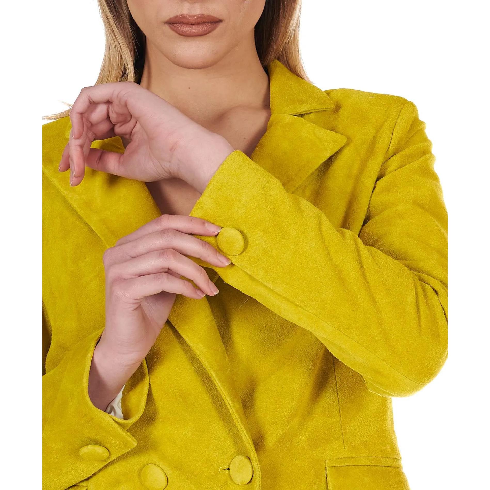 Blazer doppiopetto in pelle camoscio giallo chiusura bottone