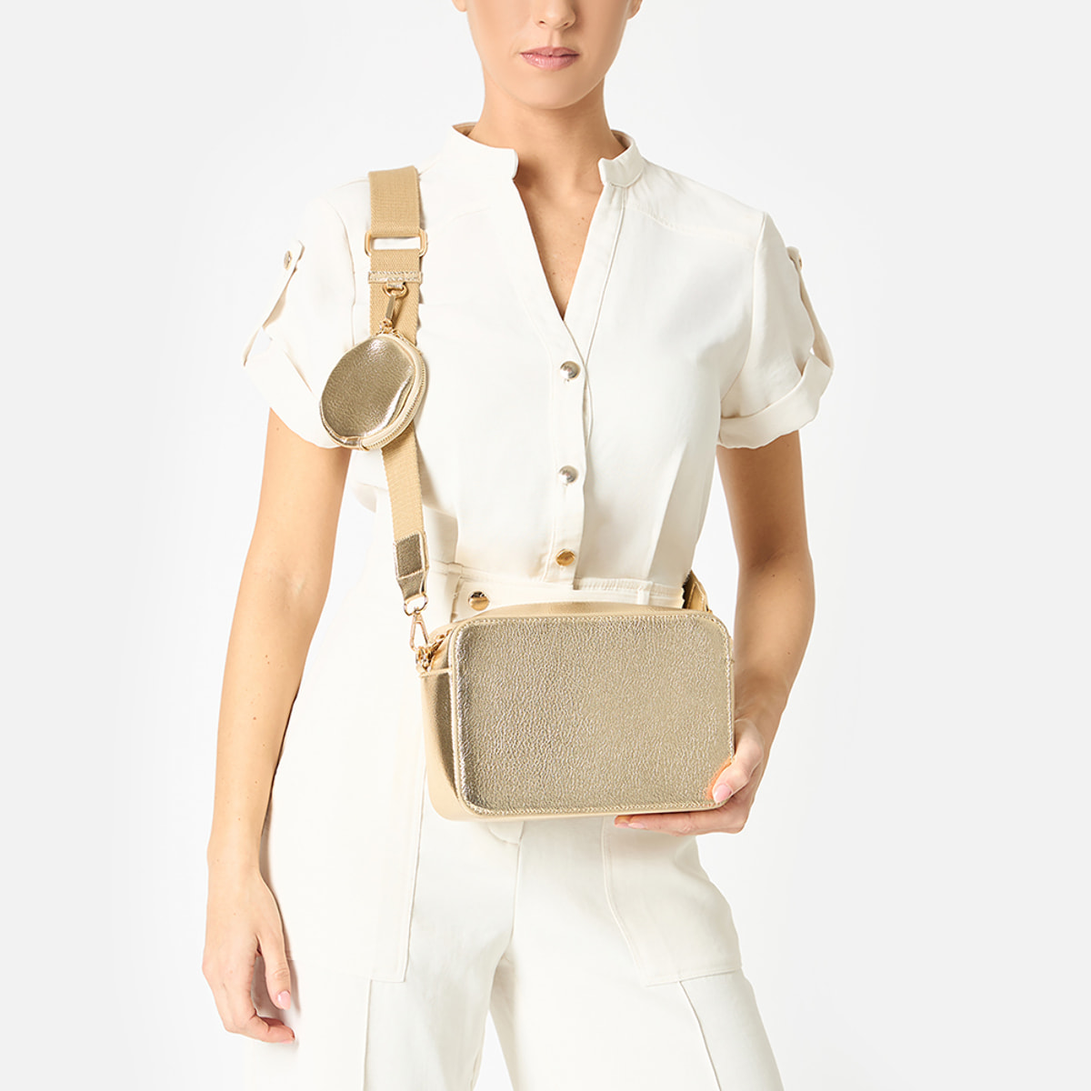 Mini bag a tracolla da donna oro in laminato