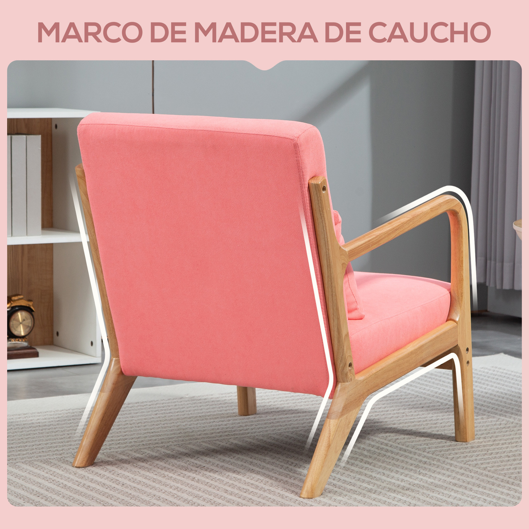 Butaca de Salón Butaca Nórdica Sillón de Salón con Reposabrazos Cojín y Marco de Madera de Caucho para Dormitorio Carga 120 kg 61x78x76 cm Rosa