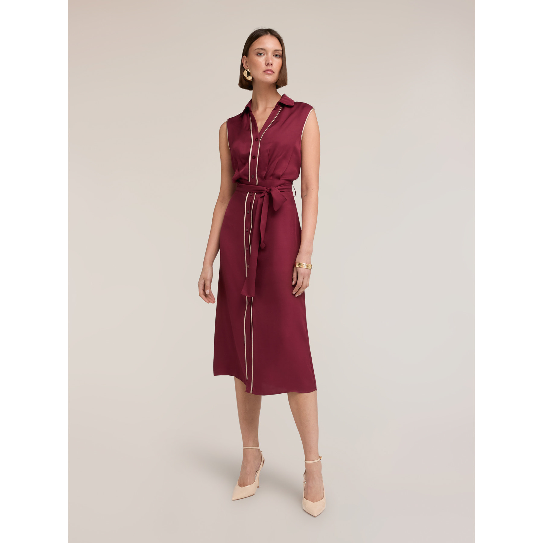 Motivi - Vestido camisero en twill con cinturón - Burgundy