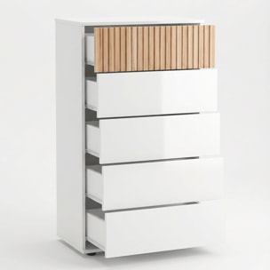 Comò Settimino 5 Cassetti Settimanale Alto Salvaspazio Mobile Mobiletto Cassettiera Camera da Letto Ingresso 109 x 61 x 40 Cm Bianco E Rovere Listato