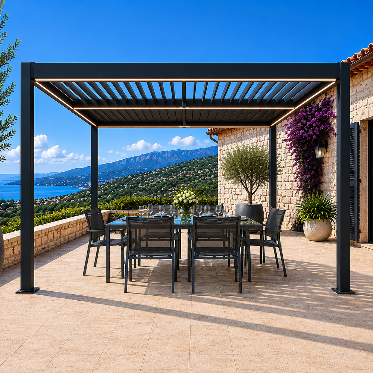 Pergola bioclimatique à LED 3x3m structure aluminium lames orientables MILL
