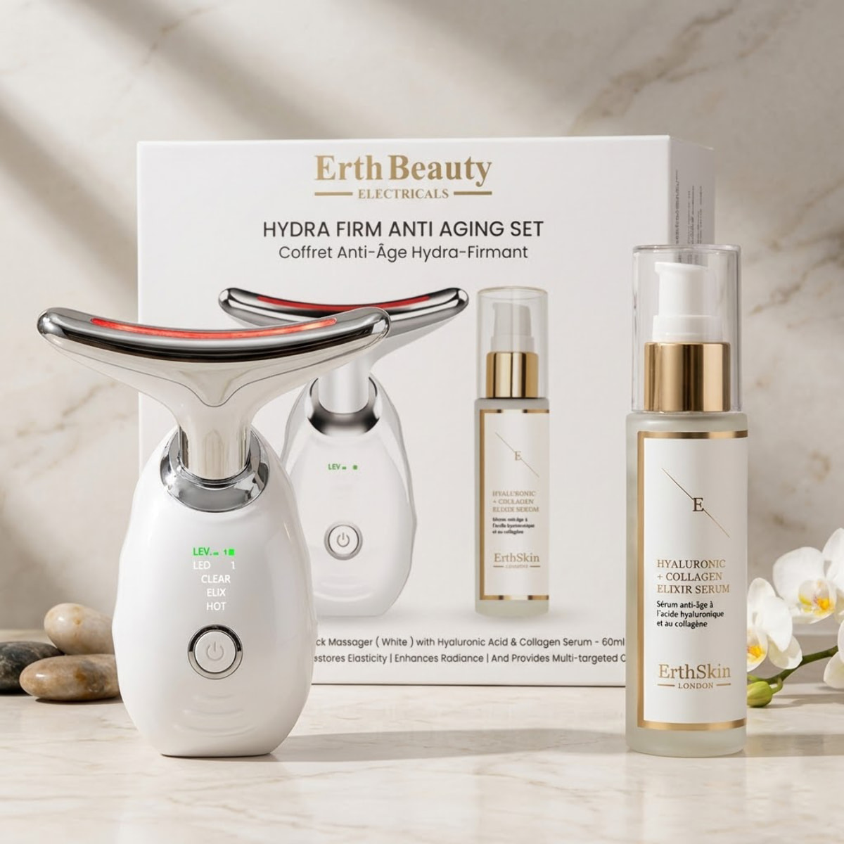 Set antiedad Hydra Firm (masajeador facial y de cuello - blanco con suero de ácido hialurónico)