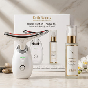 Set antiedad Hydra Firm (masajeador facial y de cuello - blanco con suero de ácido hialurónico)