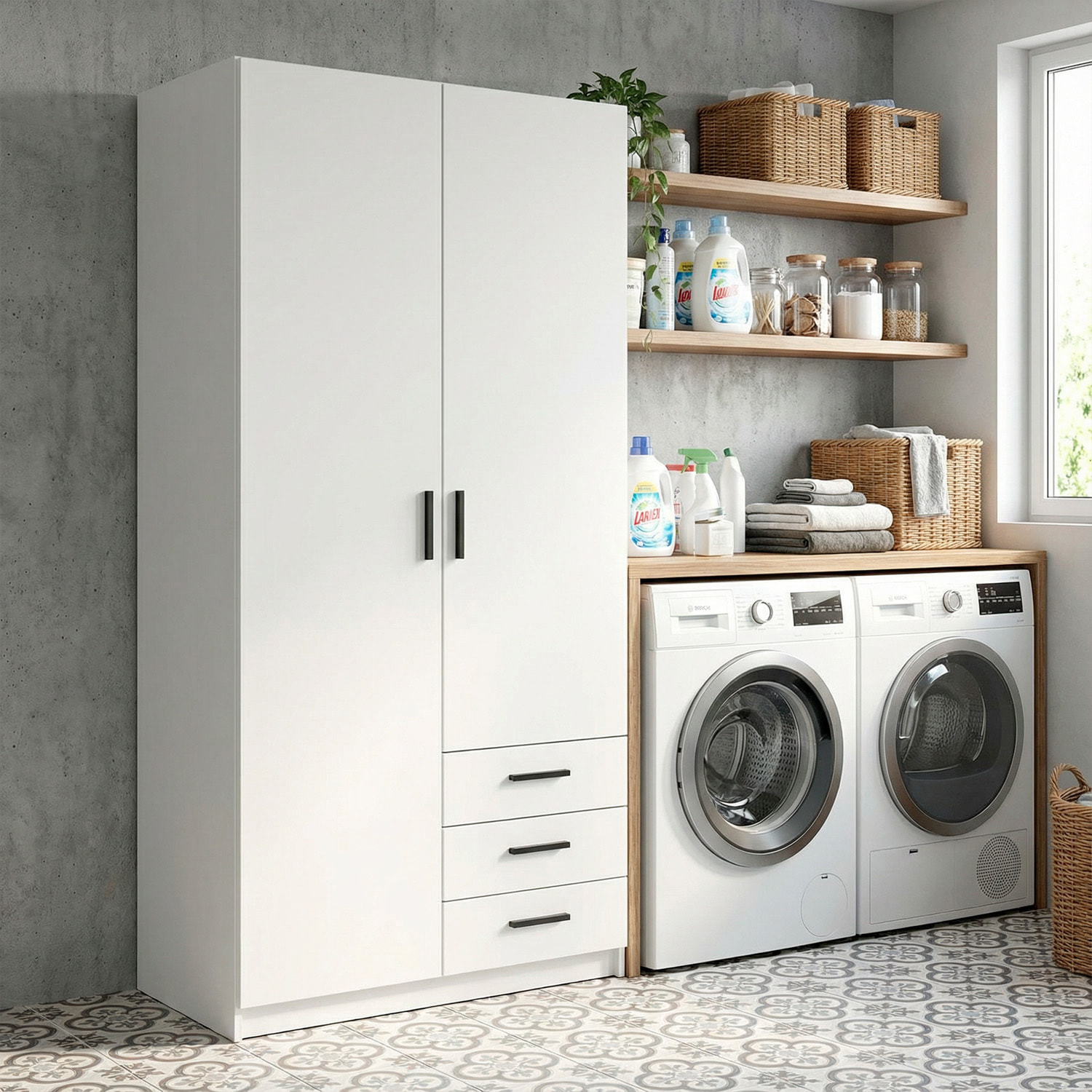 Armadio Con 2 Ante E 3 Cassetti Armadietto Multiuso Con Barra Appendiabiti E 4 Ripiani Di Cui 2 Regolabili Design Moderno 98.5x49.8x200.4 Cm Bianco
