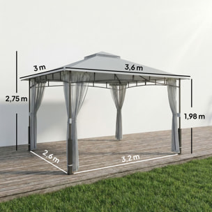 para Jardín 3x3,6 m, Pabellón de Jardín Gazebo con Doble Techo, Paredes de Malla, UPF50+, Estructura de Metal, Carpa para Exterior, Terraza, Patio, Gris