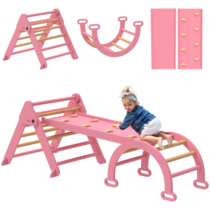 7 en 1 Triángulo de Escalada Montessori con Arco y Rampa, Escalada para Niños de Madera Plegable, para 18-48 Meses, para Deslizarse o Escalar, 188x70 cm, Rosa