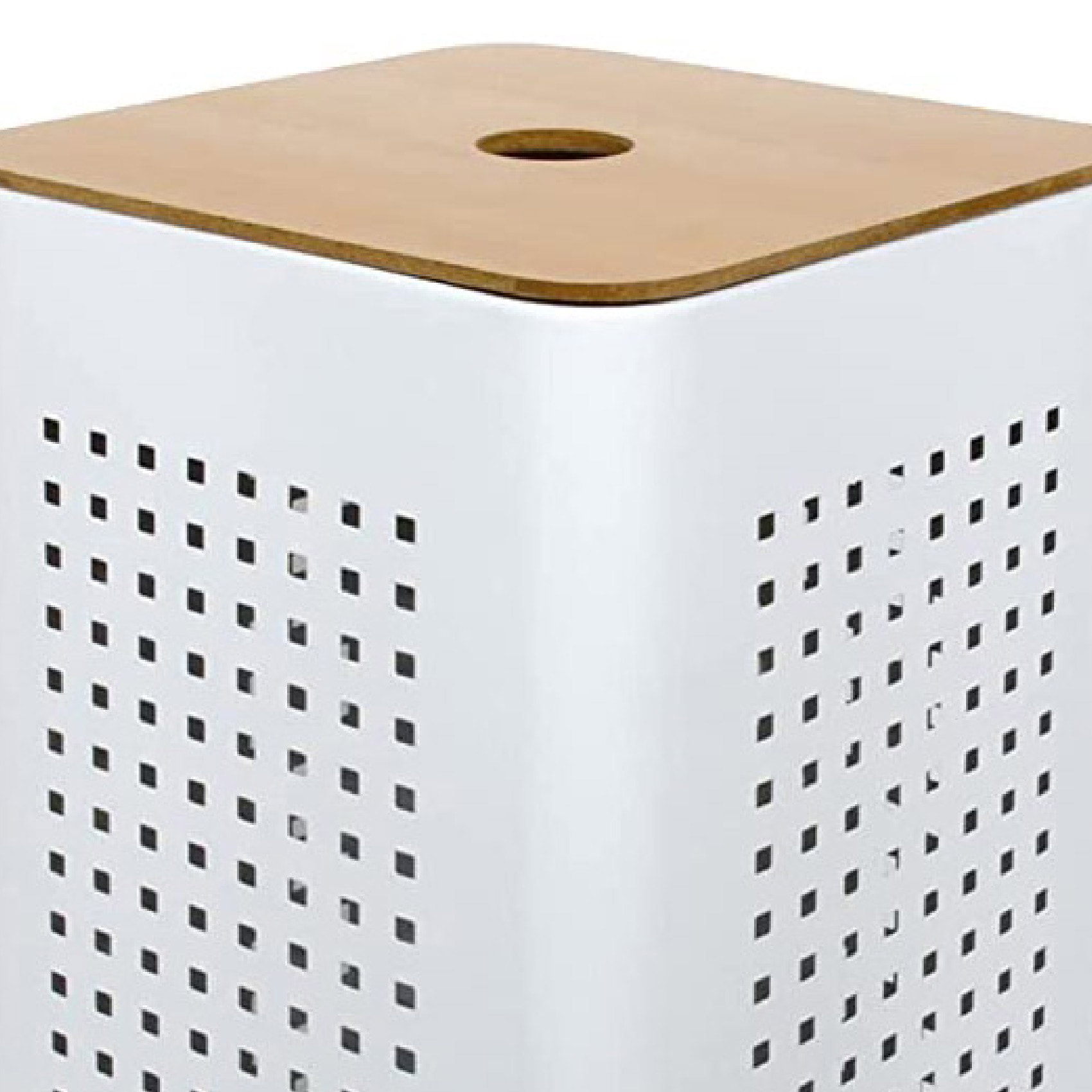 Panier à linge en métal blanc avec couvercle bois - Blanc