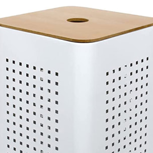 Panier à linge en métal blanc avec couvercle bois - Blanc