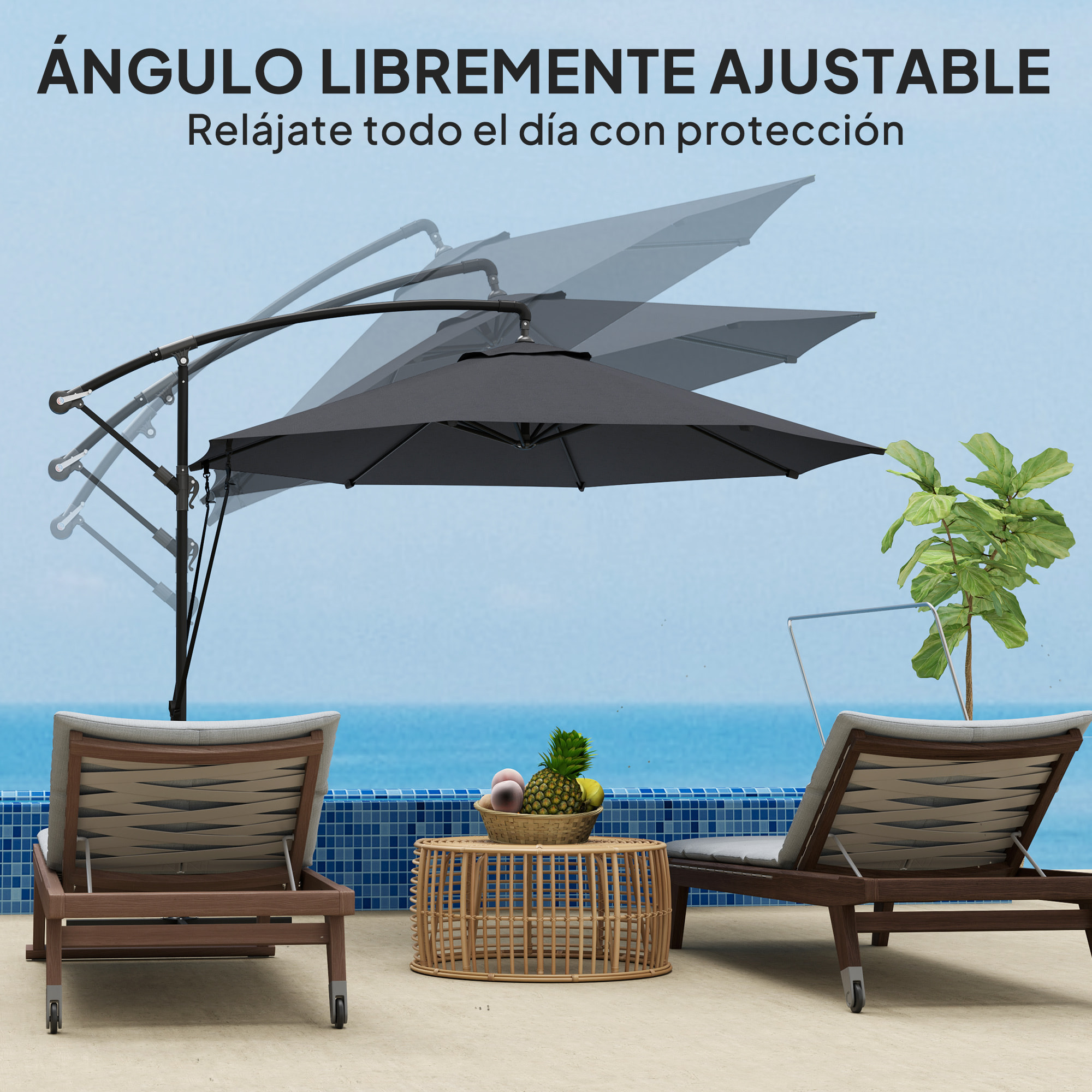 Parasol Excéntrico Ø 290 cm Sombrilla de Jardín con Base Cruzada Manivela Funda para Sombrilla y Cuerda de Viento Anti-UV 50+ Sombrilla para Terraza Patio Gris Oscuro